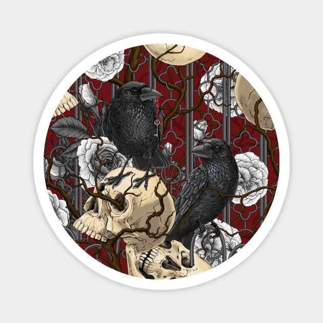 Raven's secret. Dark and moody gothic illustration with human skulls and roses Magnet by katerinamk